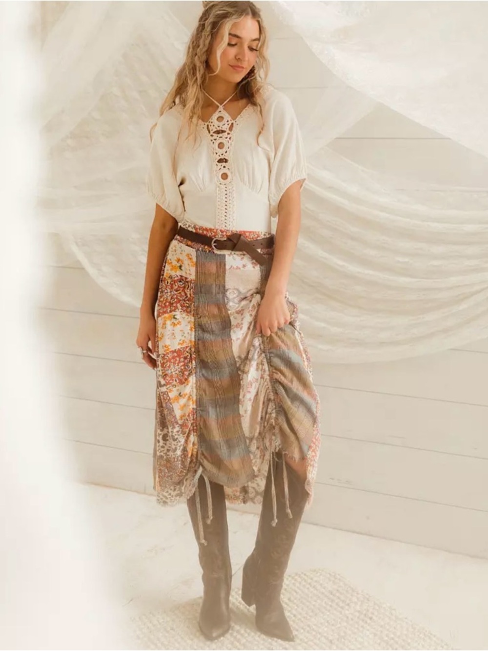 Gimmicks. Boho Patchwork Midi Skirt in Cream and Multicolor
